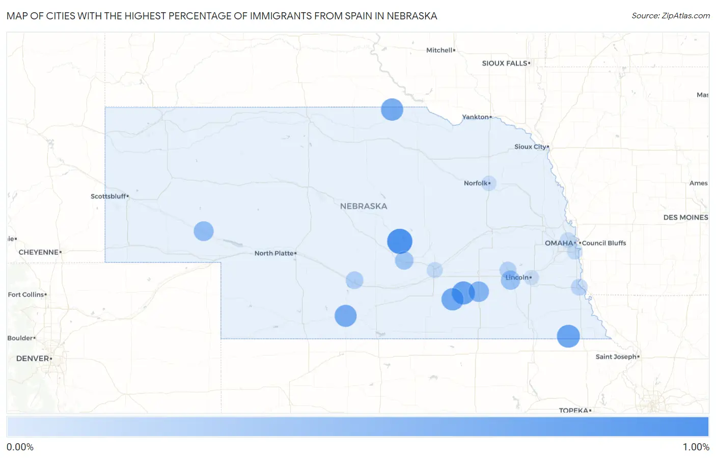 Cities with the Highest Percentage of Immigrants from Spain in Nebraska Map