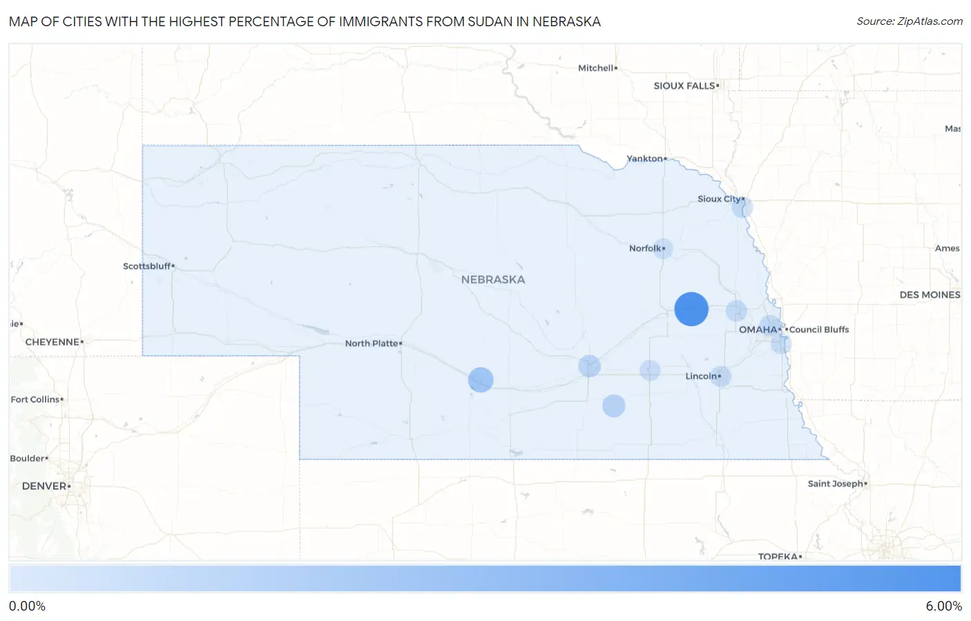Cities with the Highest Percentage of Immigrants from Sudan in Nebraska Map