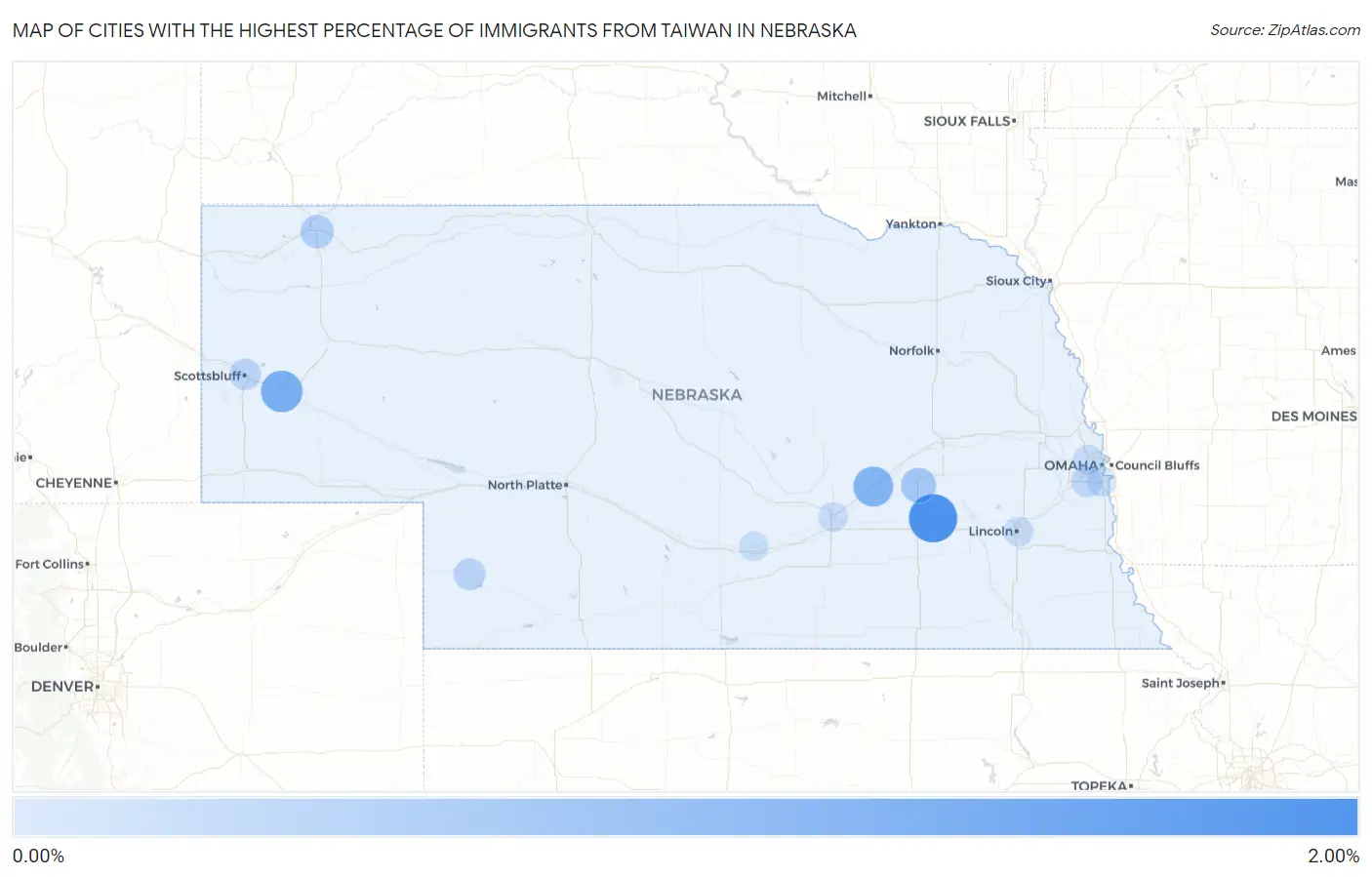Cities with the Highest Percentage of Immigrants from Taiwan in Nebraska Map