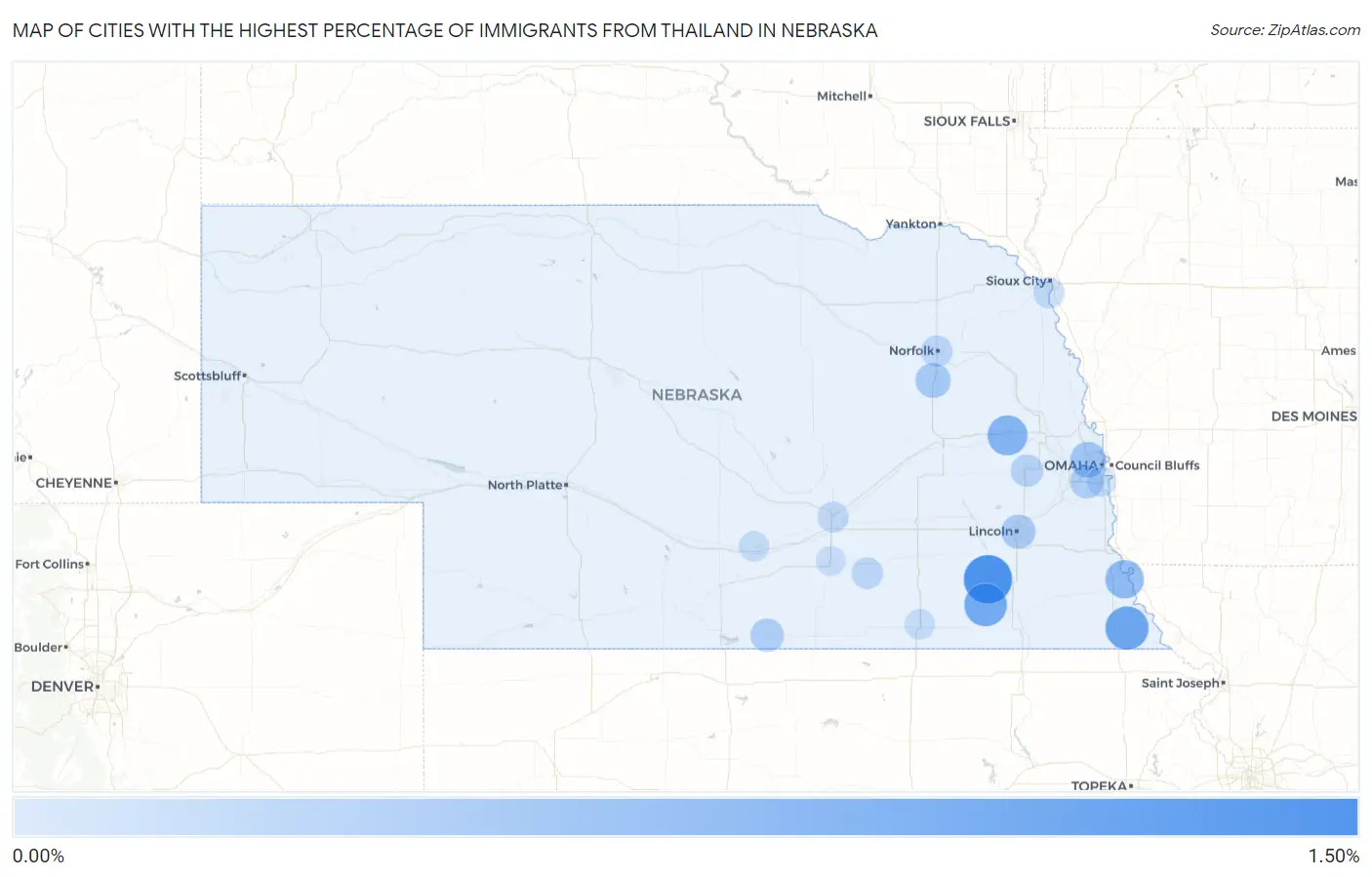 Cities with the Highest Percentage of Immigrants from Thailand in Nebraska Map