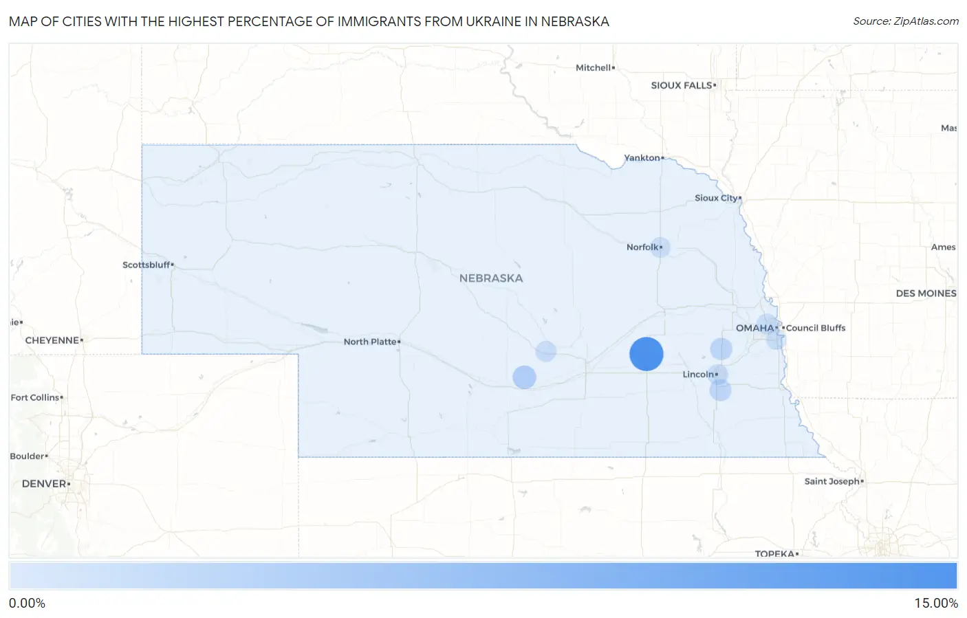 Cities with the Highest Percentage of Immigrants from Ukraine in Nebraska Map