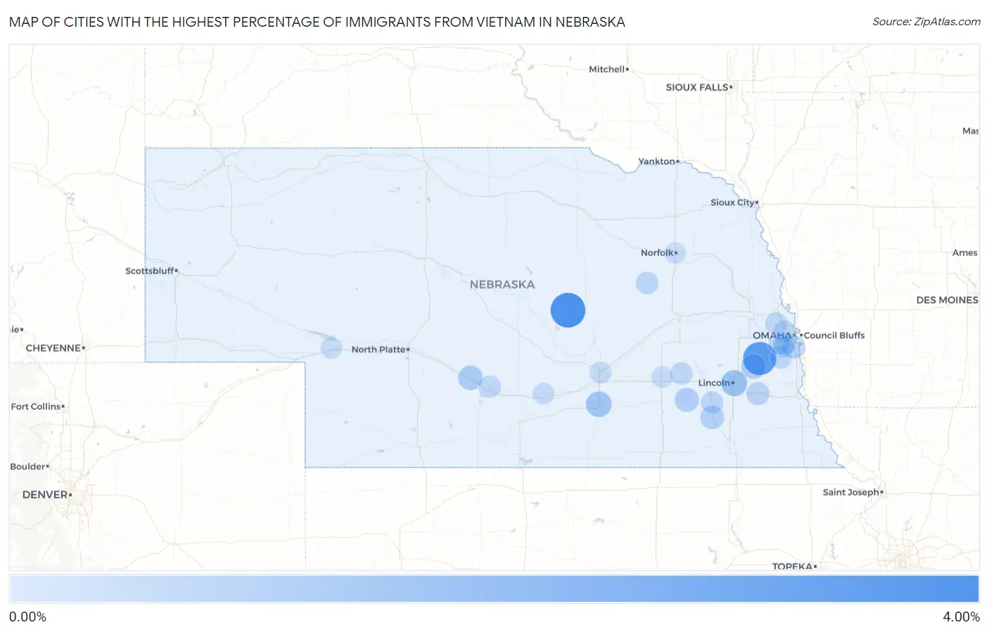 Cities with the Highest Percentage of Immigrants from Vietnam in Nebraska Map