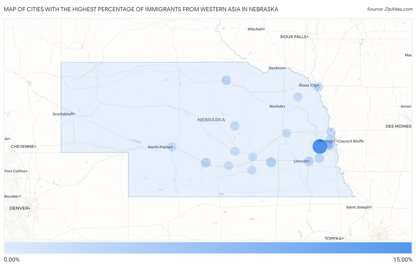 Cities with the Highest Percentage of Immigrants from Western Asia in Nebraska Map