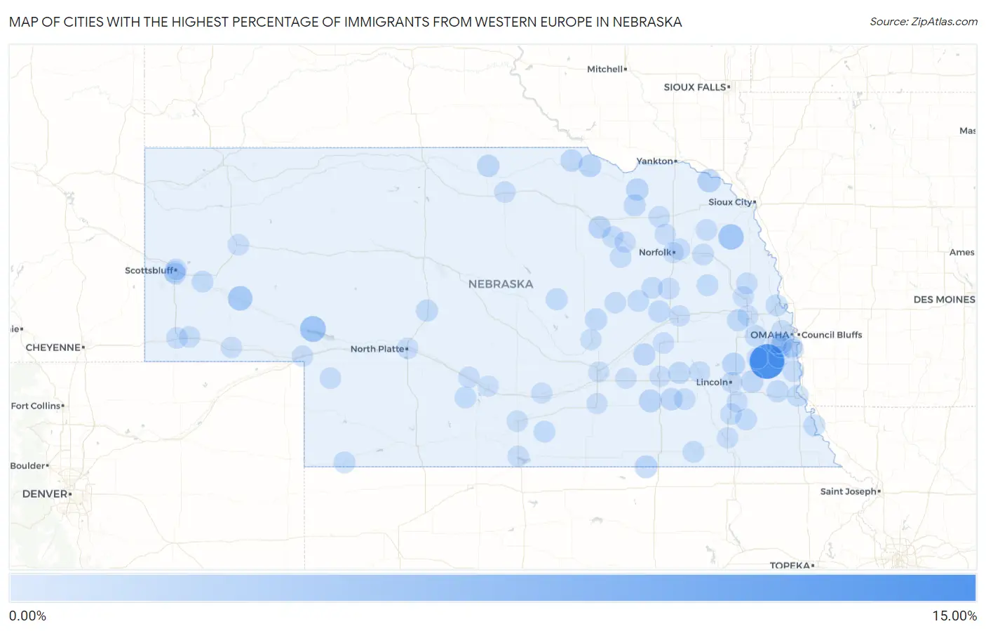 Cities with the Highest Percentage of Immigrants from Western Europe in Nebraska Map