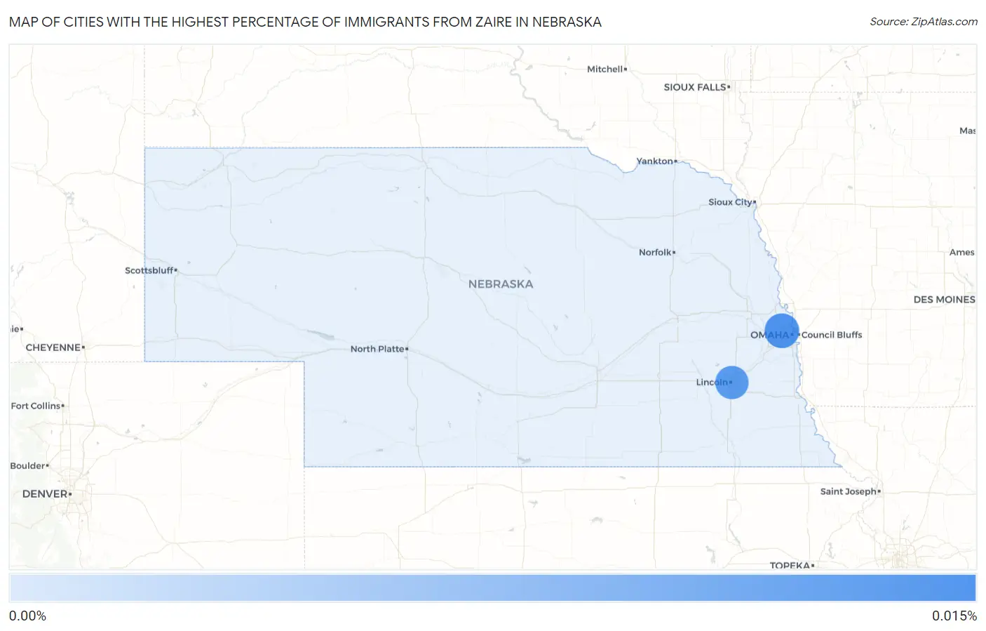 Cities with the Highest Percentage of Immigrants from Zaire in Nebraska Map
