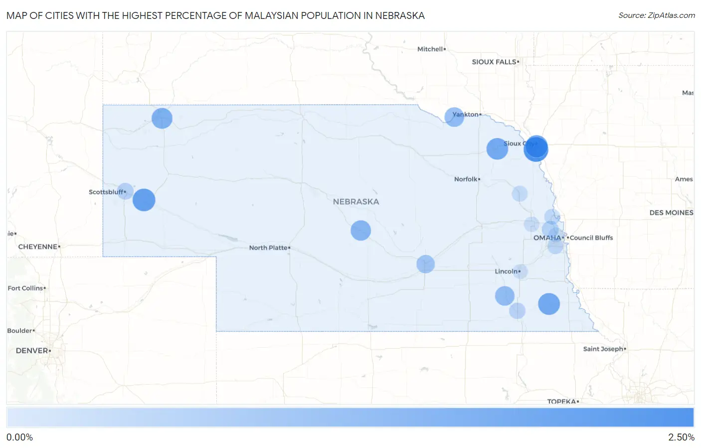 Cities with the Highest Percentage of Malaysian Population in Nebraska Map