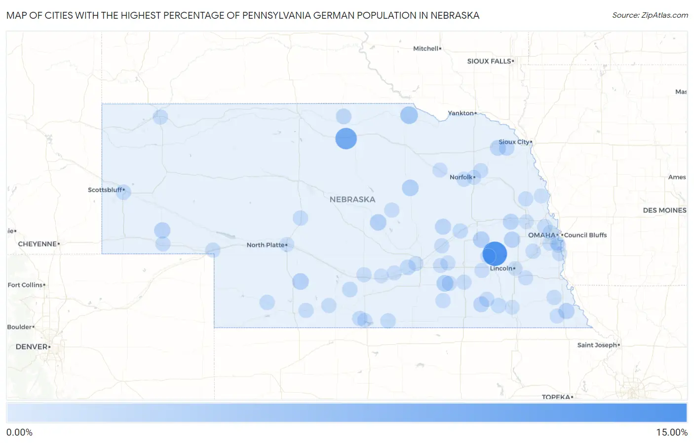 Cities with the Highest Percentage of Pennsylvania German Population in Nebraska Map
