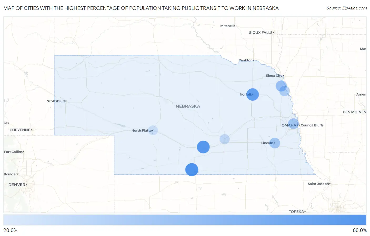 Cities with the Highest Percentage of Population Taking Public Transit to Work in Nebraska Map
