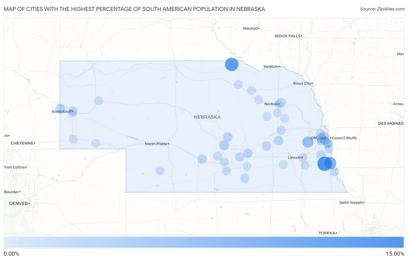 Cities with the Highest Percentage of South American Population in Nebraska Map