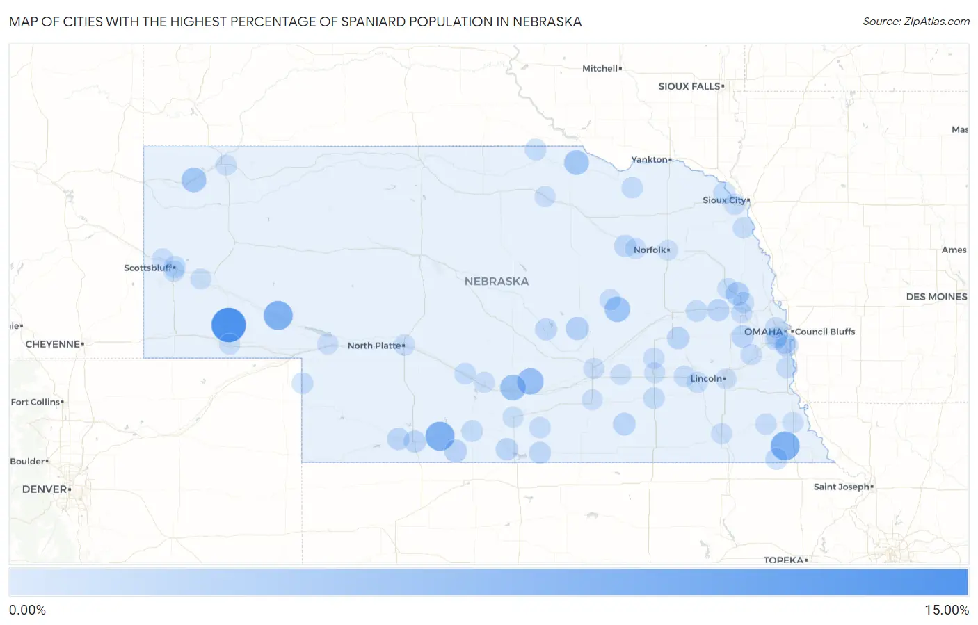 Cities with the Highest Percentage of Spaniard Population in Nebraska Map