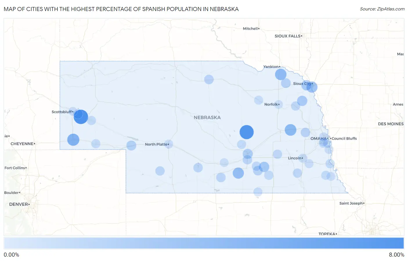Cities with the Highest Percentage of Spanish Population in Nebraska Map