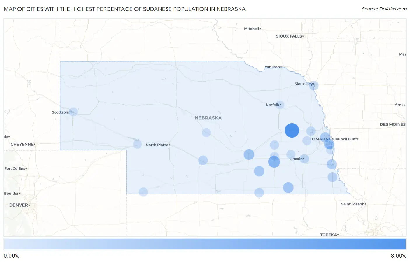 Cities with the Highest Percentage of Sudanese Population in Nebraska Map