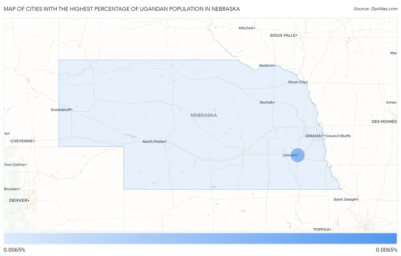 Cities with the Highest Percentage of Ugandan Population in Nebraska Map