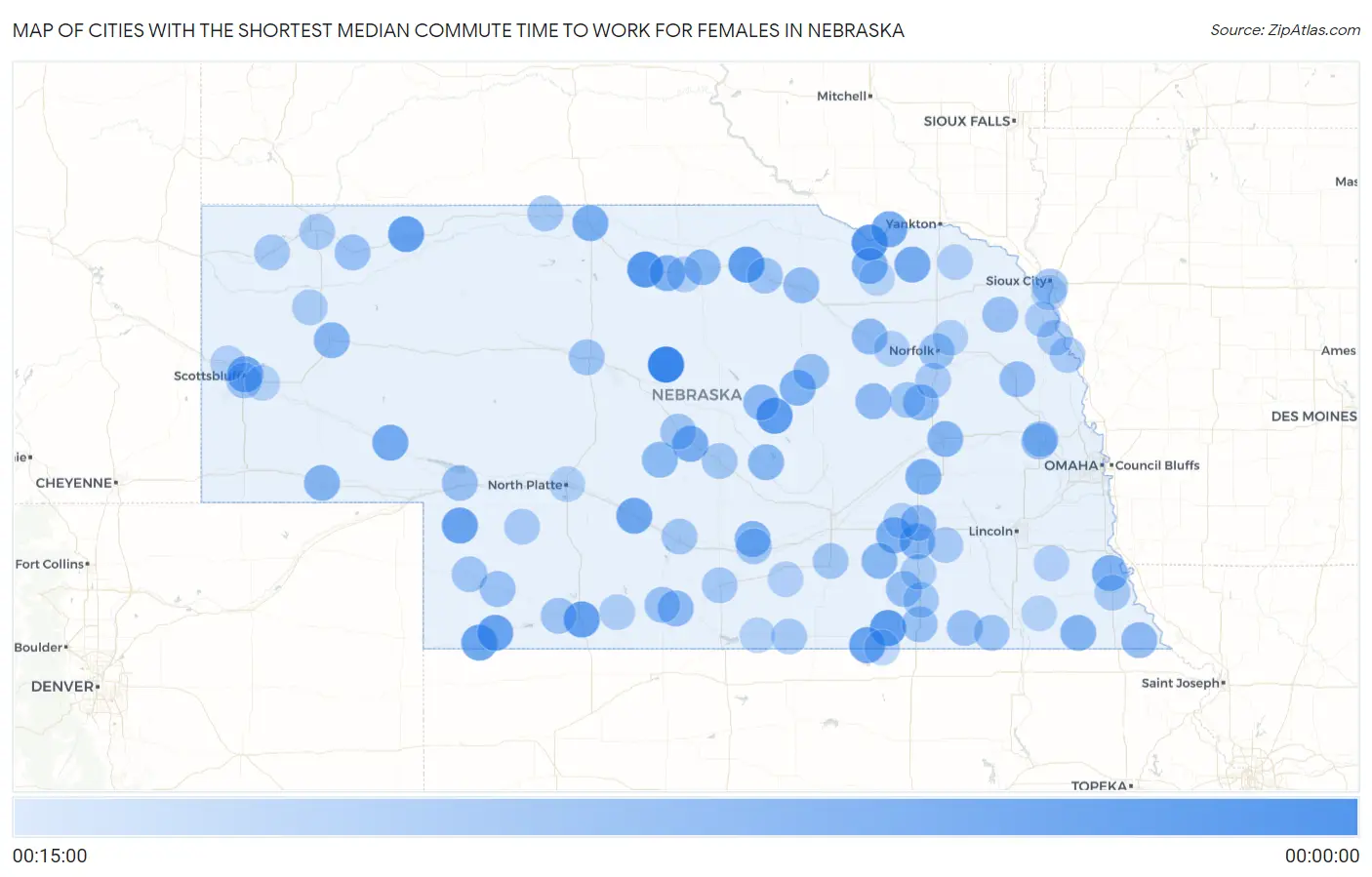 Cities with the Shortest Median Commute Time to Work for Females in Nebraska Map