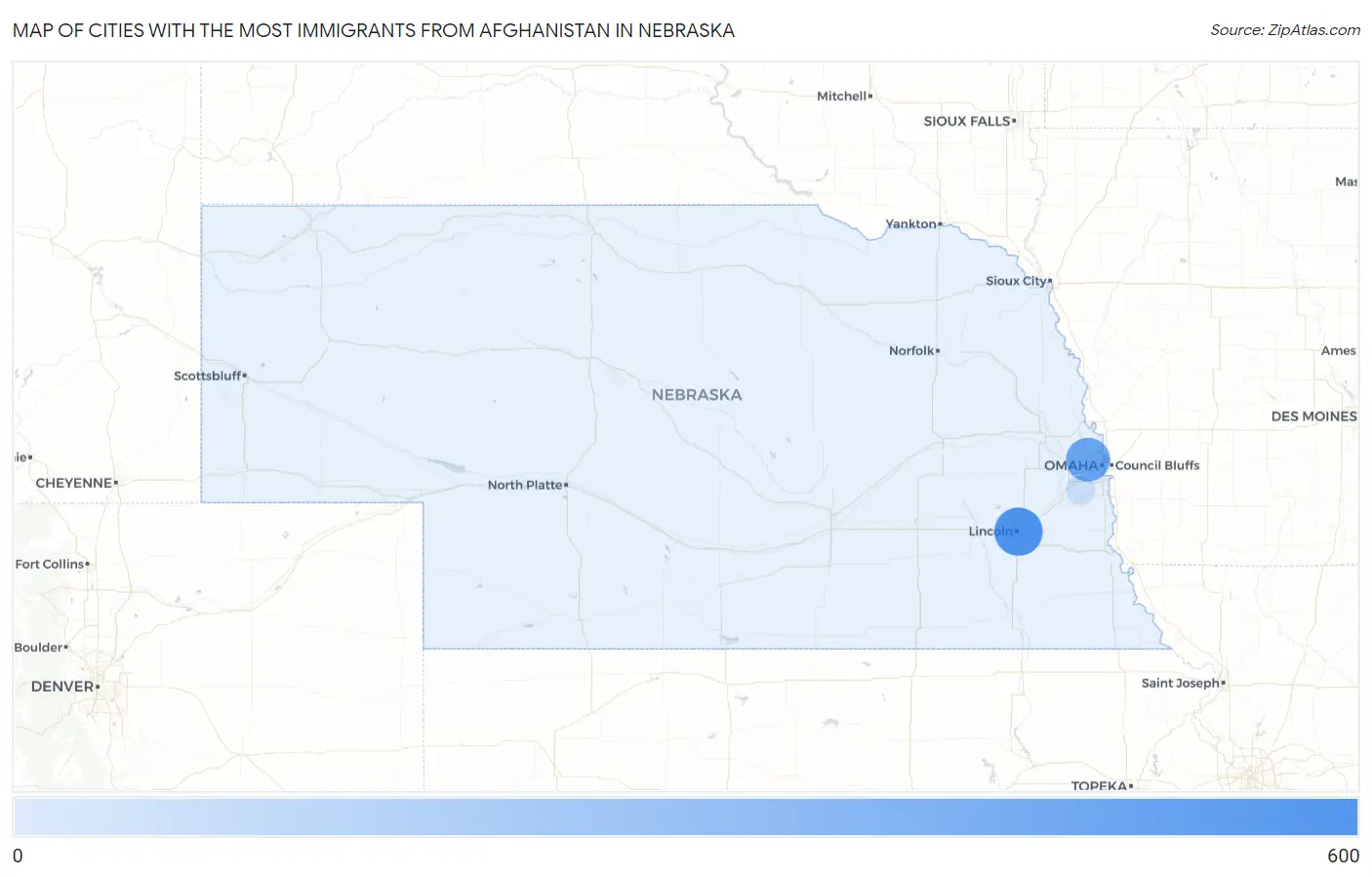 Cities with the Most Immigrants from Afghanistan in Nebraska Map