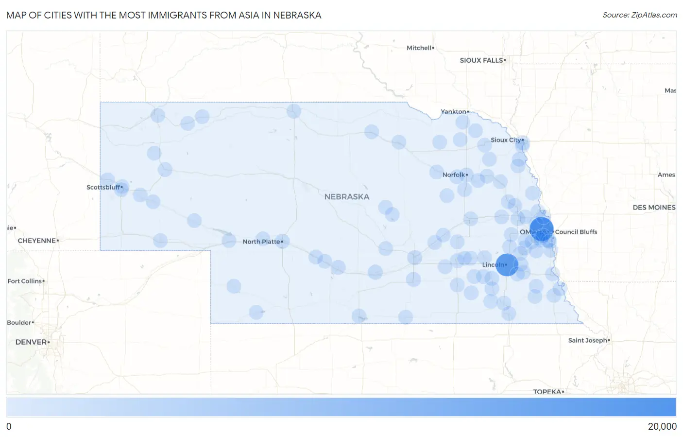 Cities with the Most Immigrants from Asia in Nebraska Map