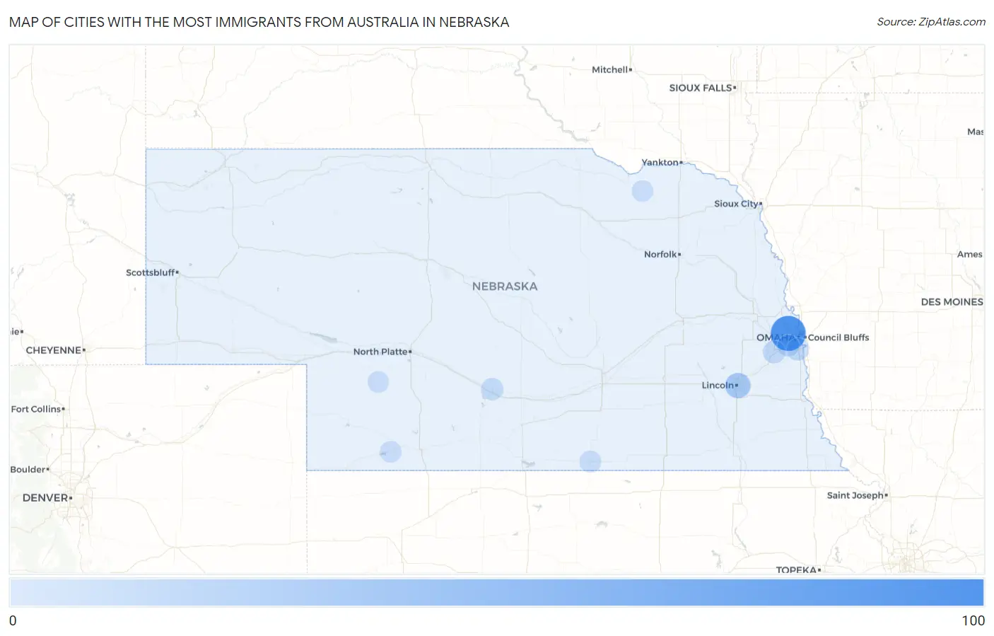Cities with the Most Immigrants from Australia in Nebraska Map