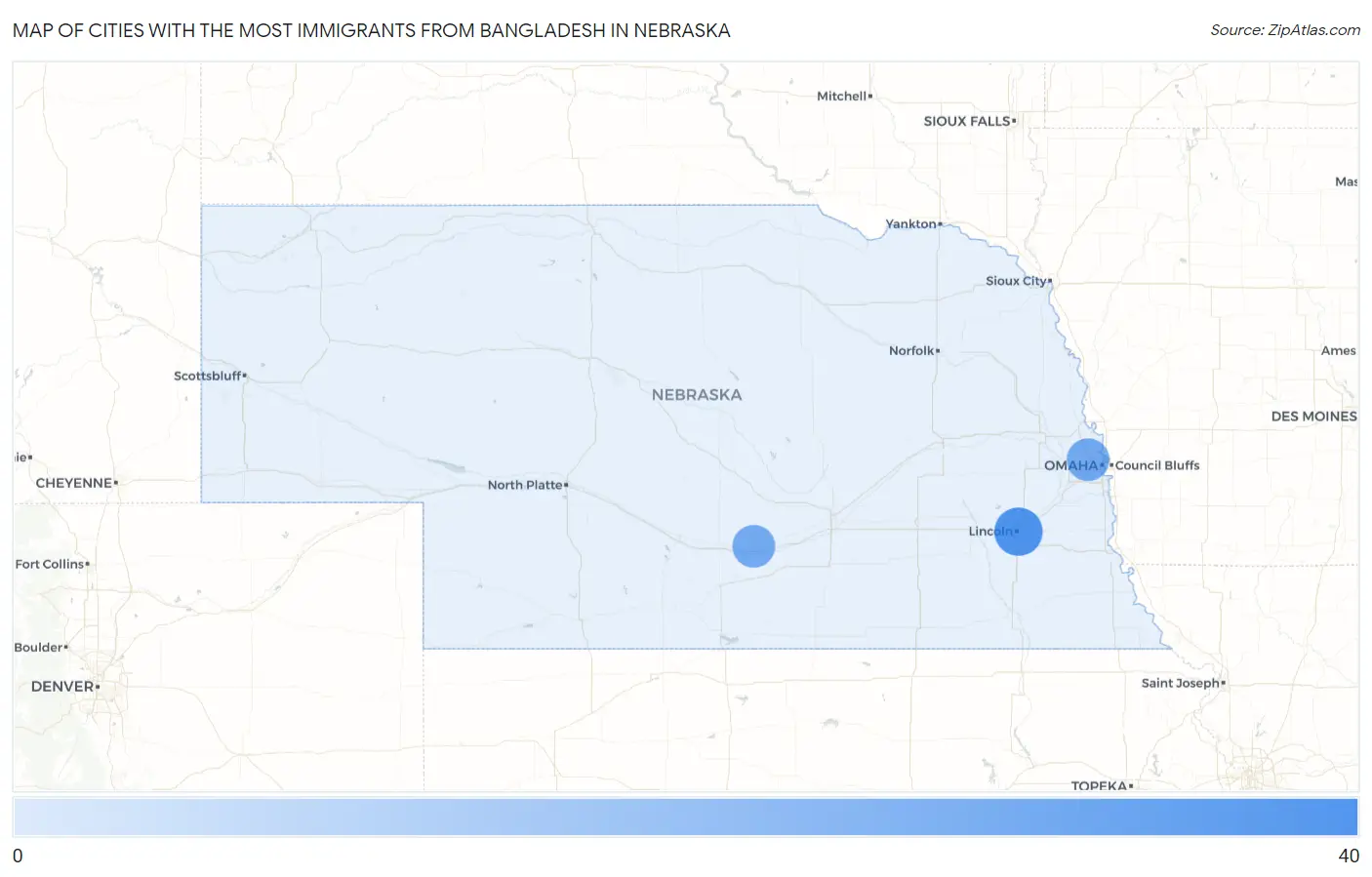 Cities with the Most Immigrants from Bangladesh in Nebraska Map