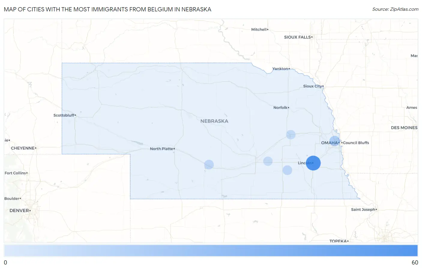 Cities with the Most Immigrants from Belgium in Nebraska Map