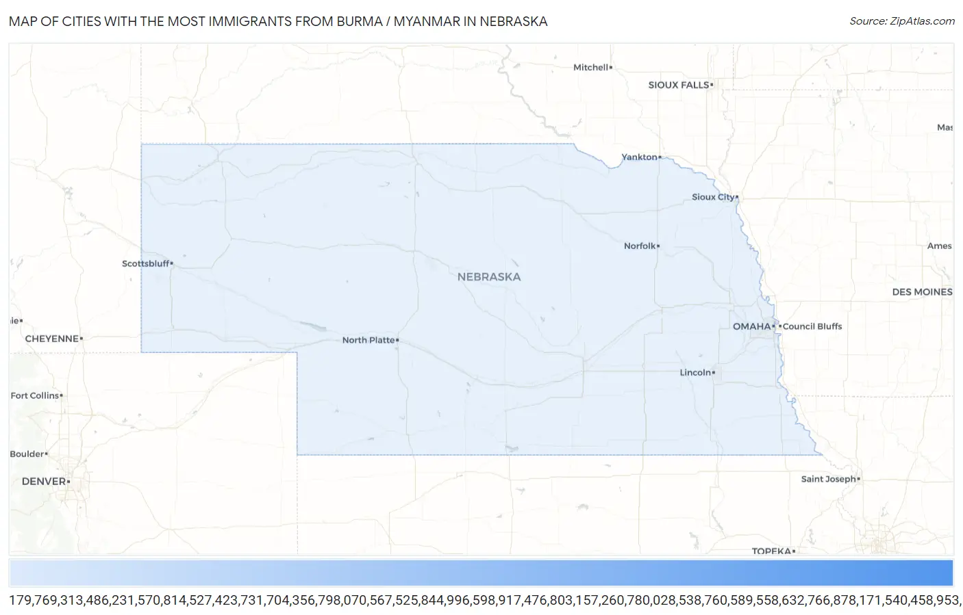 Cities with the Most Immigrants from Burma / Myanmar in Nebraska Map