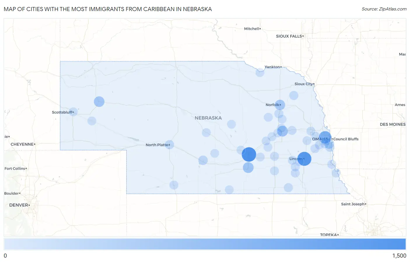 Cities with the Most Immigrants from Caribbean in Nebraska Map