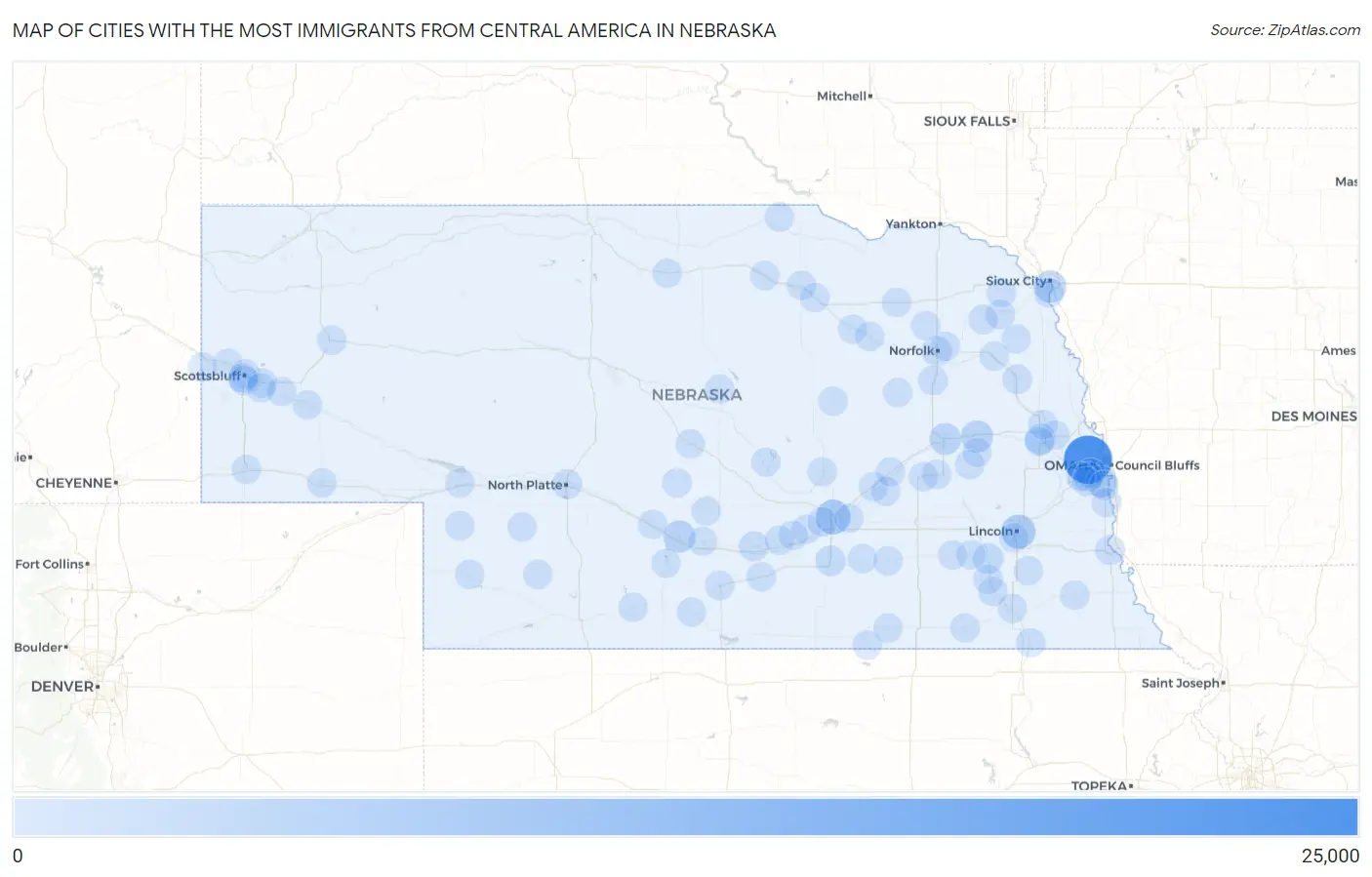 Cities with the Most Immigrants from Central America in Nebraska Map