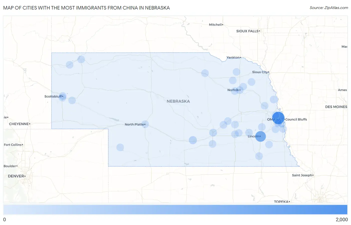 Cities with the Most Immigrants from China in Nebraska Map