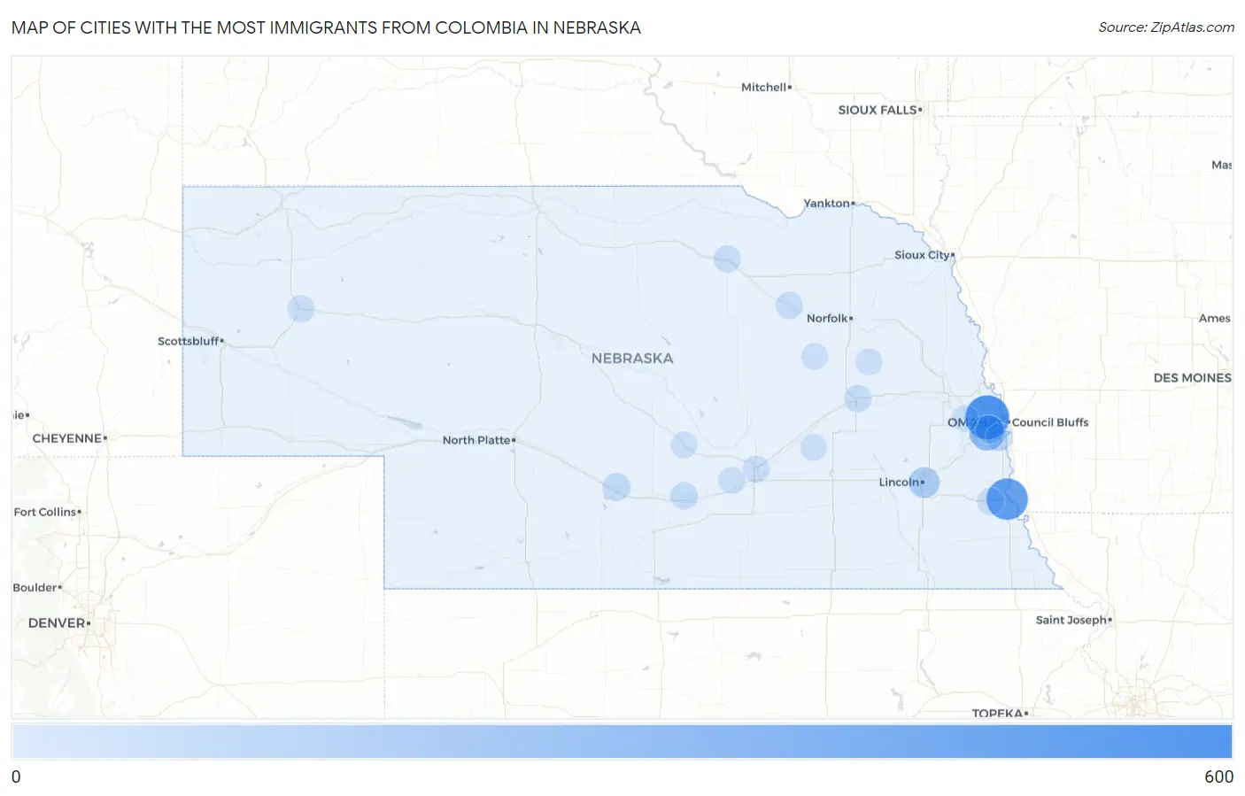 Cities with the Most Immigrants from Colombia in Nebraska Map