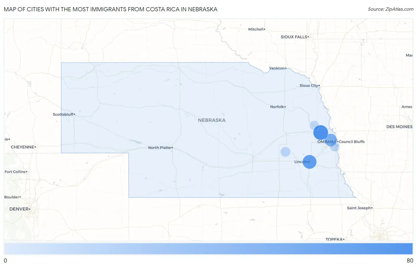 Cities with the Most Immigrants from Costa Rica in Nebraska Map