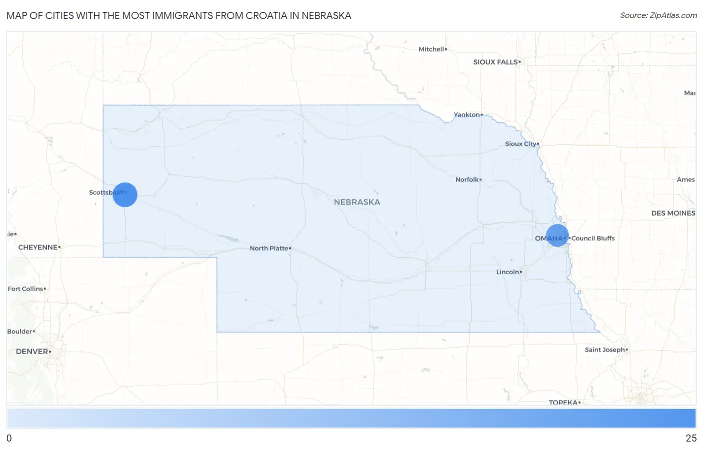 Cities with the Most Immigrants from Croatia in Nebraska Map