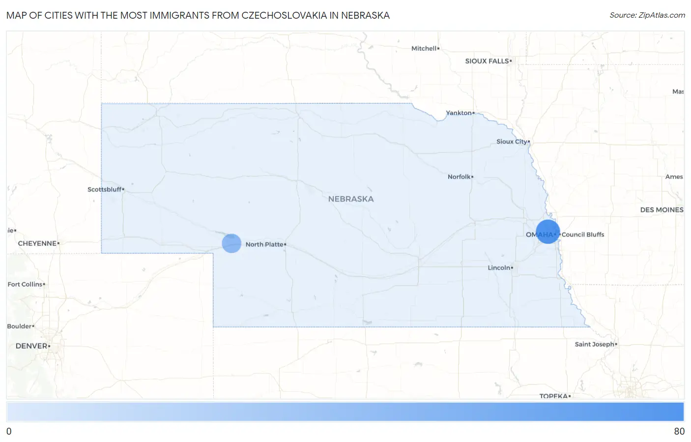 Cities with the Most Immigrants from Czechoslovakia in Nebraska Map