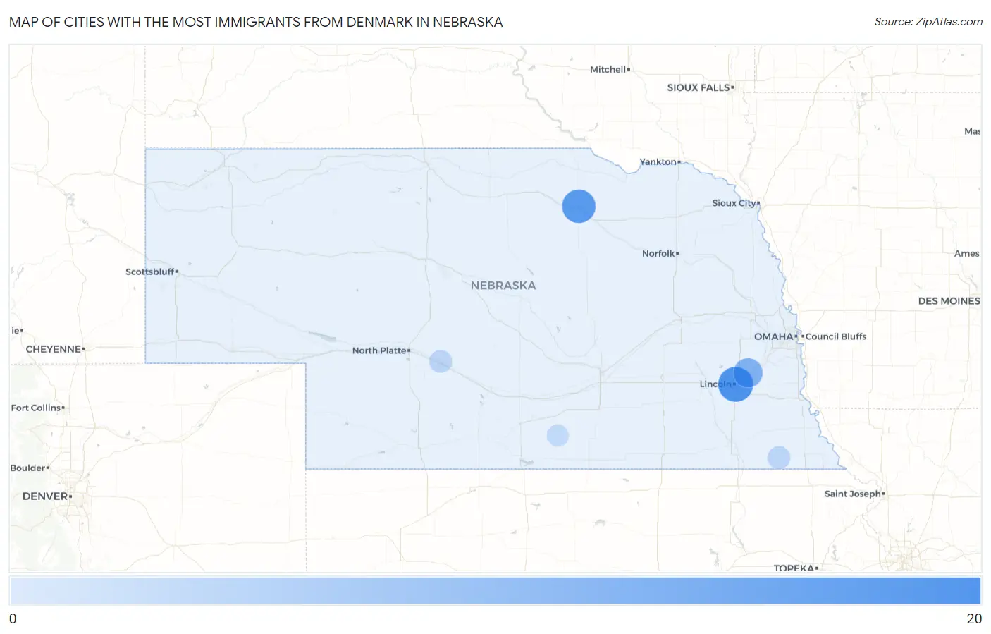 Cities with the Most Immigrants from Denmark in Nebraska Map