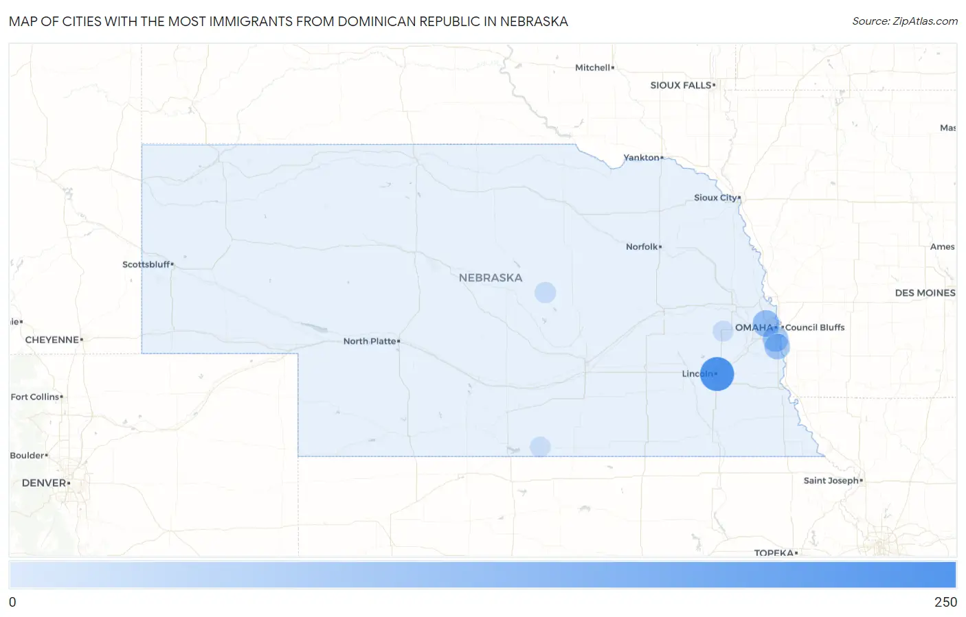 Cities with the Most Immigrants from Dominican Republic in Nebraska Map
