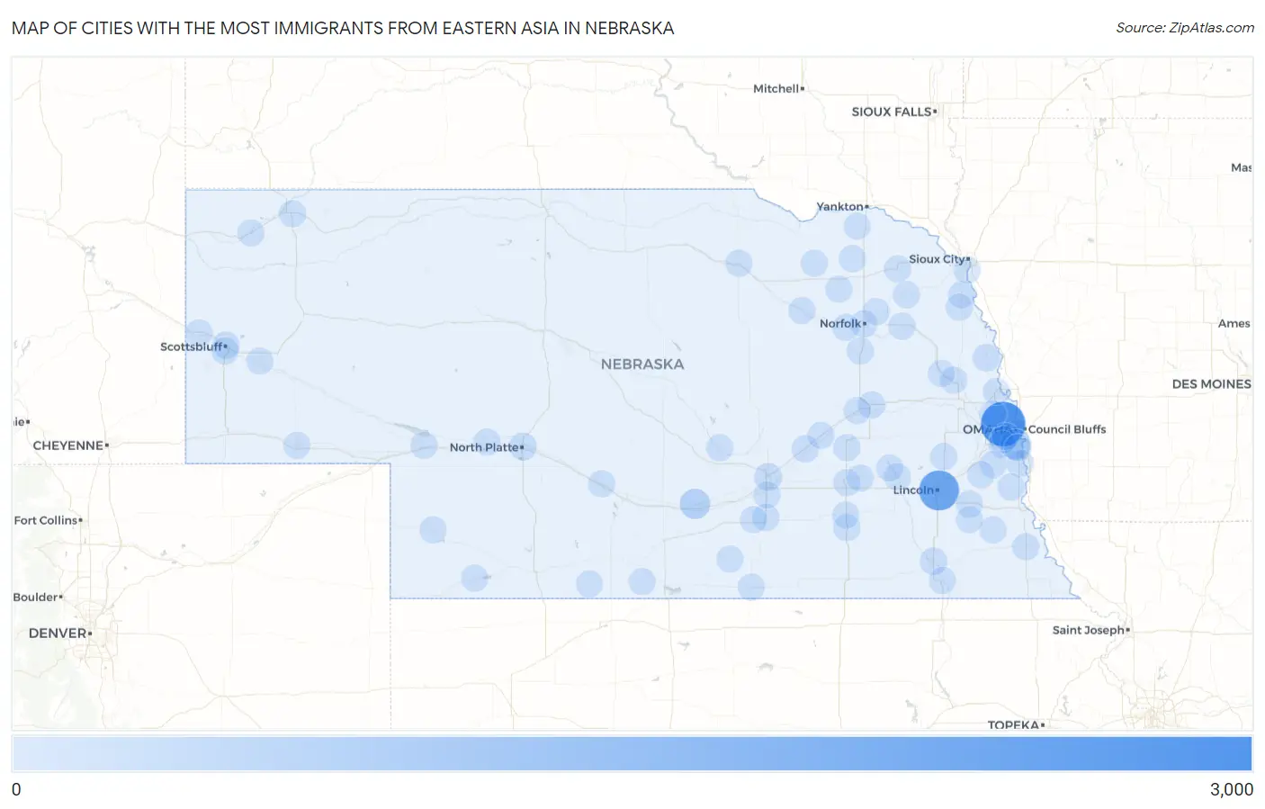 Cities with the Most Immigrants from Eastern Asia in Nebraska Map