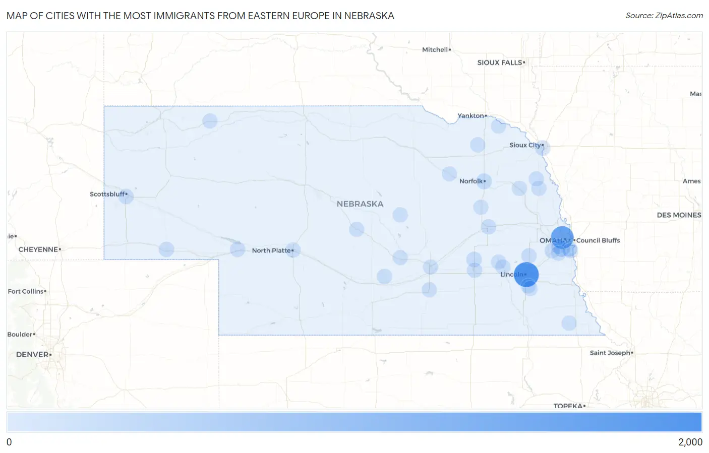 Cities with the Most Immigrants from Eastern Europe in Nebraska Map