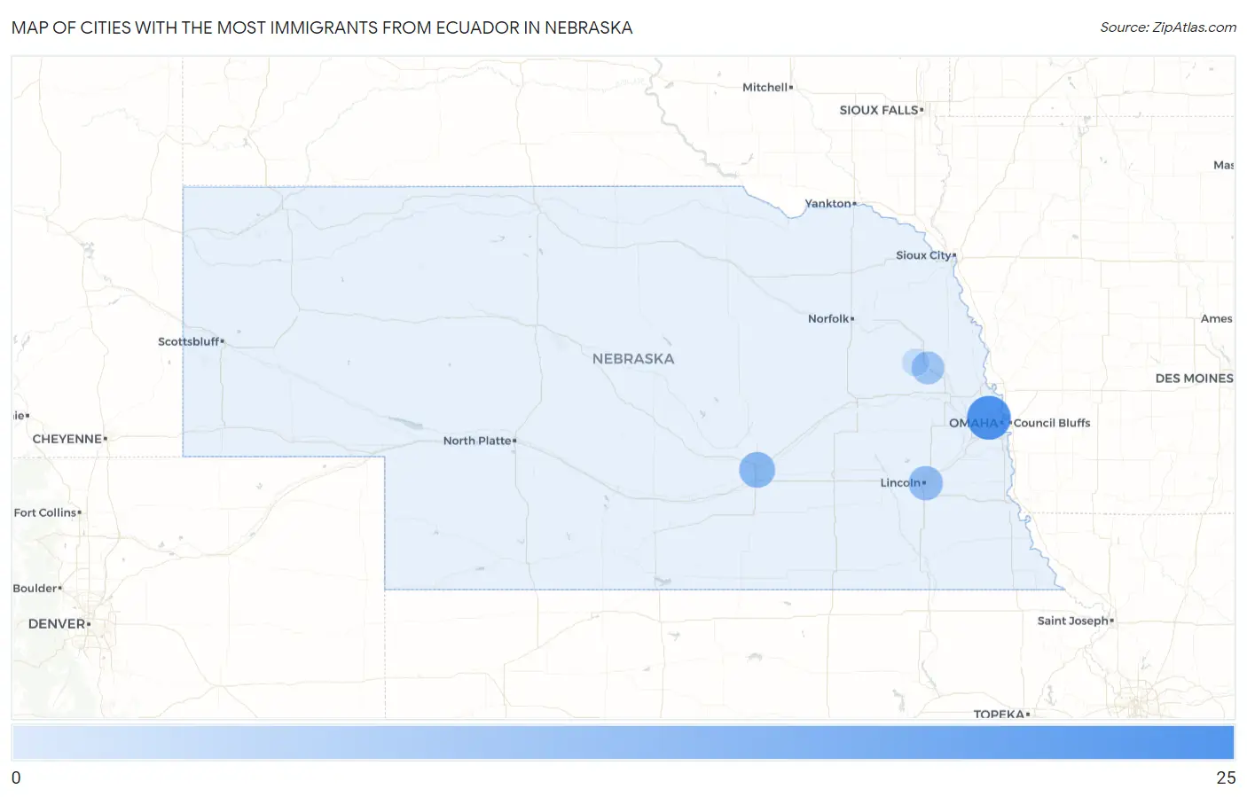 Cities with the Most Immigrants from Ecuador in Nebraska Map