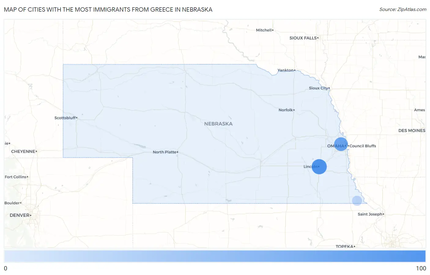 Cities with the Most Immigrants from Greece in Nebraska Map