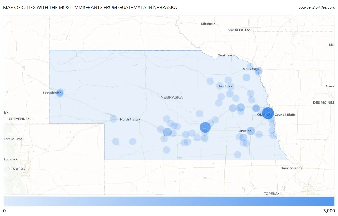 Cities with the Most Immigrants from Guatemala in Nebraska Map