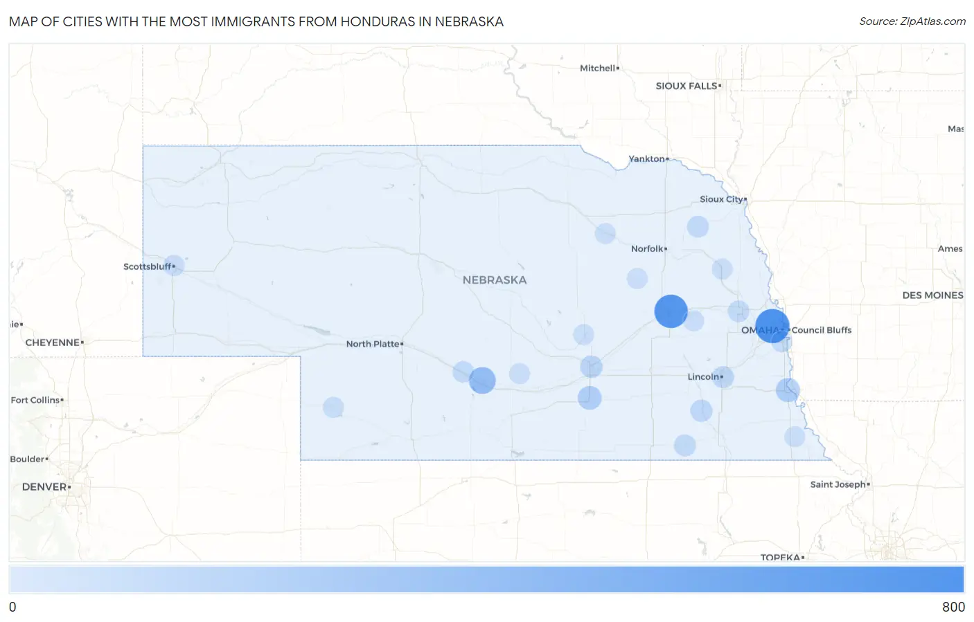 Cities with the Most Immigrants from Honduras in Nebraska Map