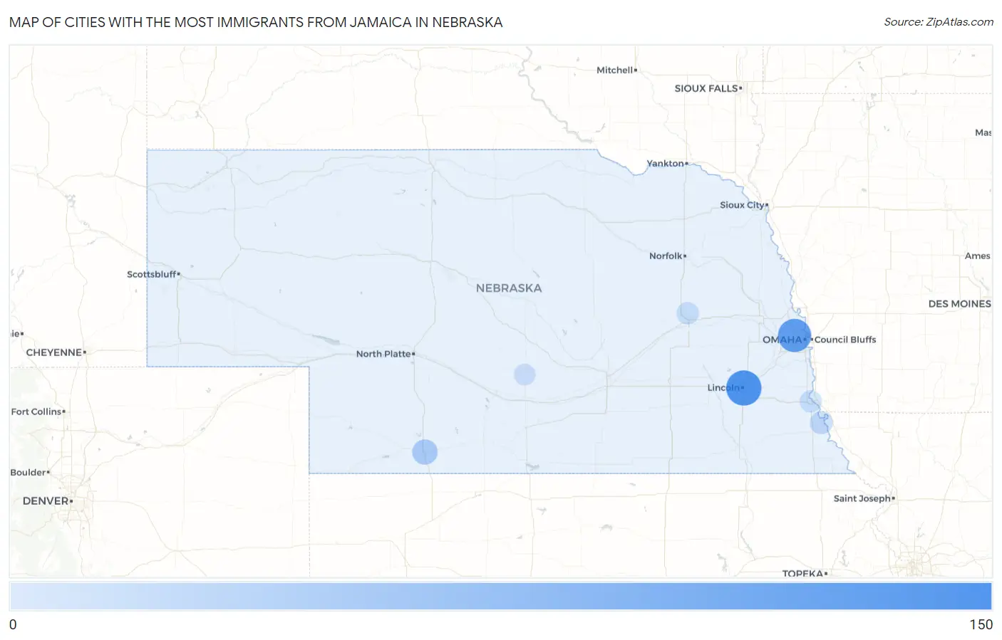 Cities with the Most Immigrants from Jamaica in Nebraska Map
