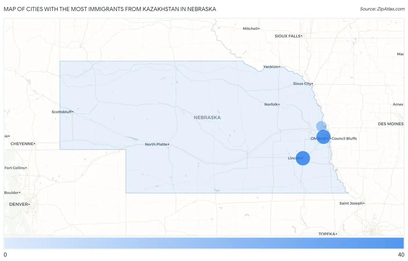 Cities with the Most Immigrants from Kazakhstan in Nebraska Map