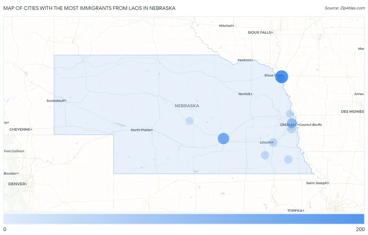 Cities with the Most Immigrants from Laos in Nebraska Map