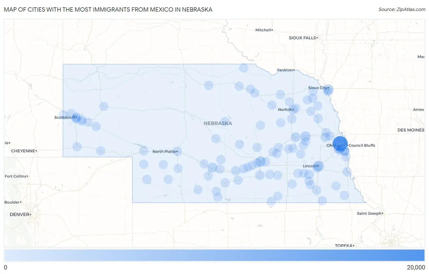 Cities with the Most Immigrants from Mexico in Nebraska Map