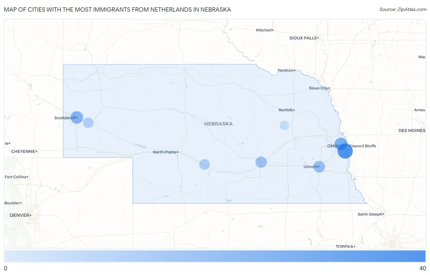 Cities with the Most Immigrants from Netherlands in Nebraska Map