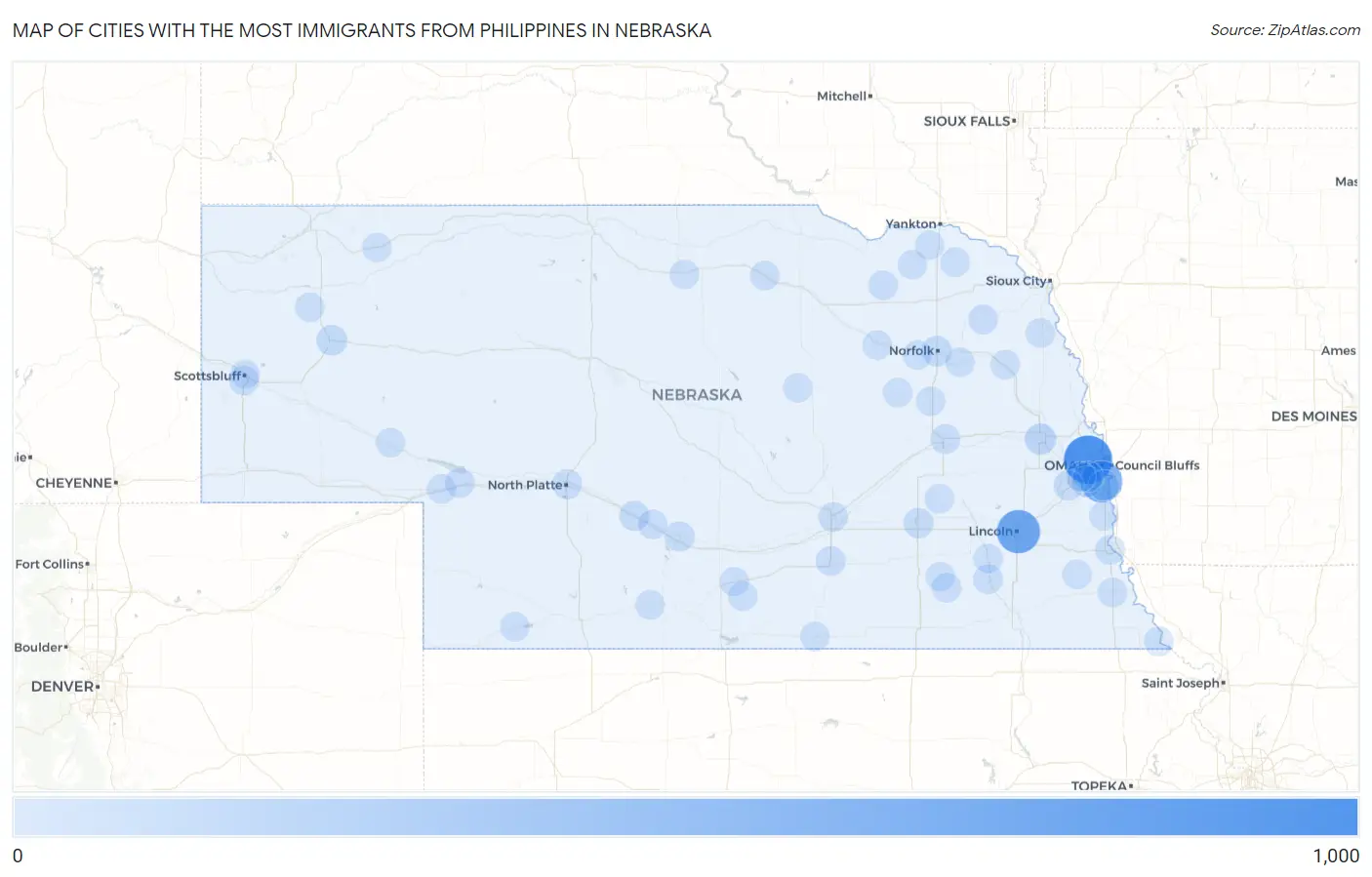 Cities with the Most Immigrants from Philippines in Nebraska Map