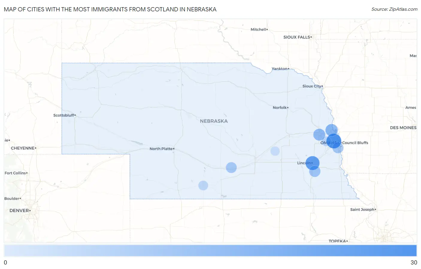 Cities with the Most Immigrants from Scotland in Nebraska Map