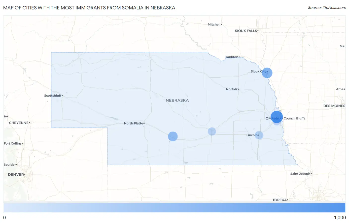 Cities with the Most Immigrants from Somalia in Nebraska Map