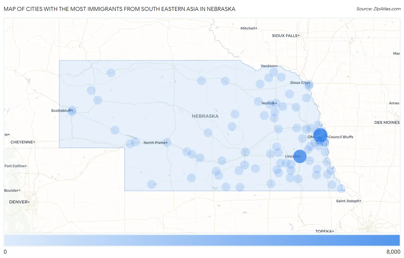 Cities with the Most Immigrants from South Eastern Asia in Nebraska Map