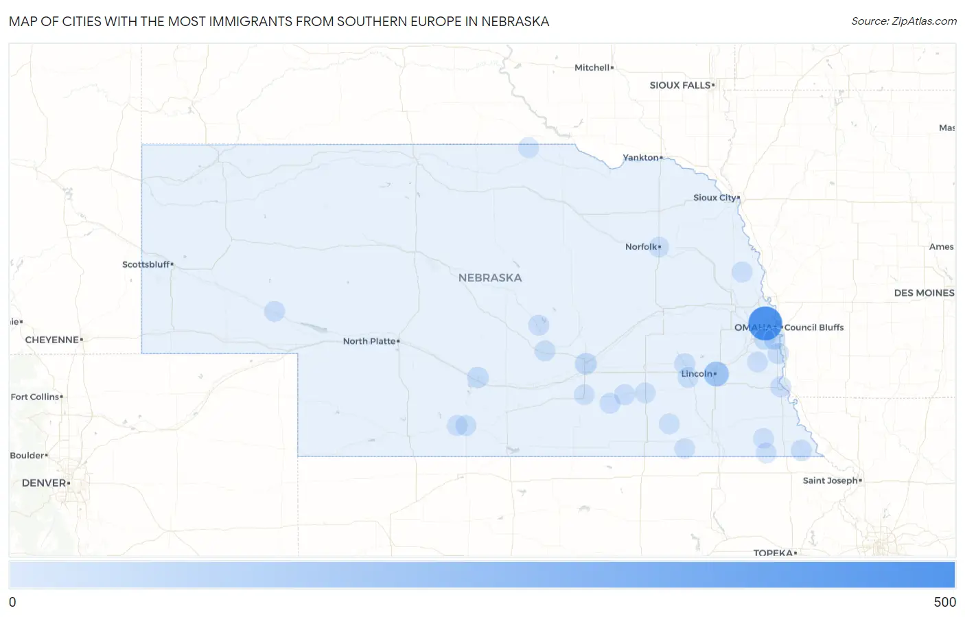 Cities with the Most Immigrants from Southern Europe in Nebraska Map