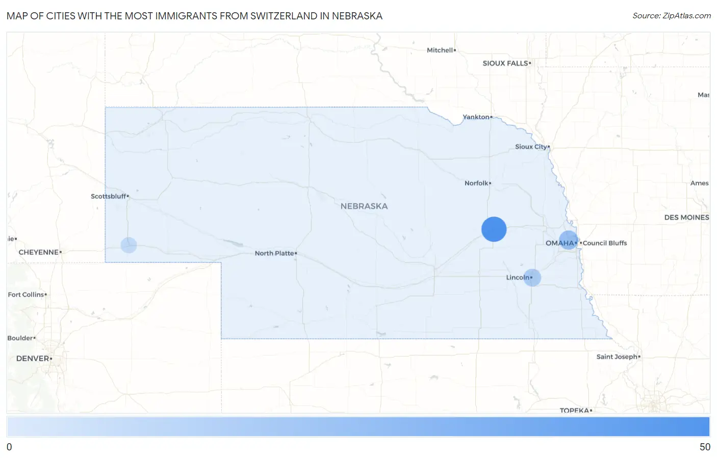 Cities with the Most Immigrants from Switzerland in Nebraska Map
